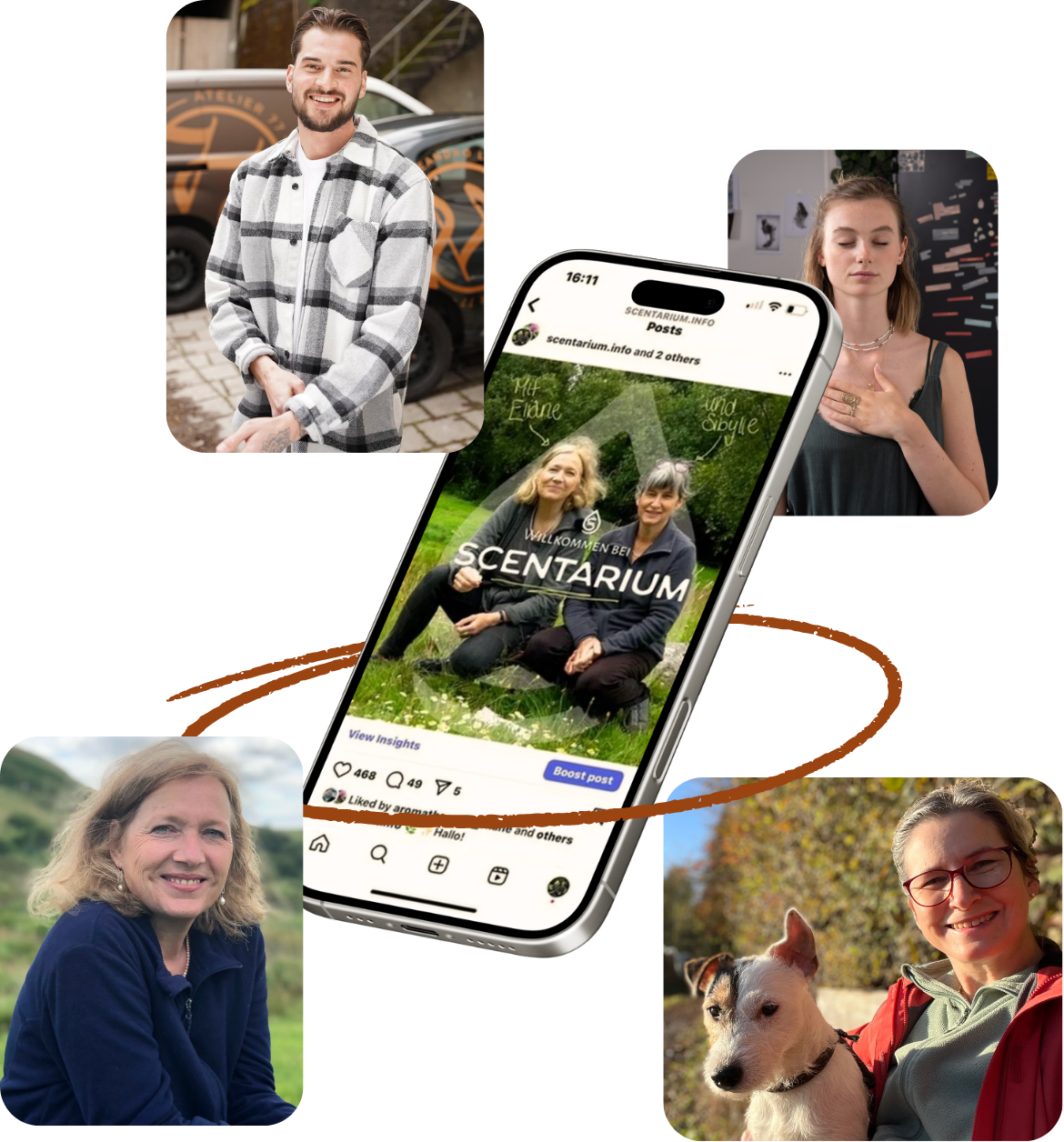 Koena ecosystem visual with phone, client brand visuals, and offer presentation